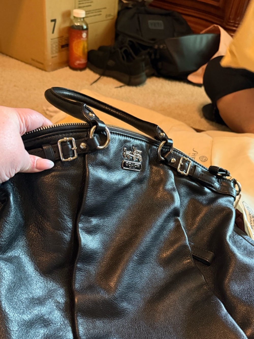 Coach Black Leather Shoulder Bag with Silver-Tone Hardware